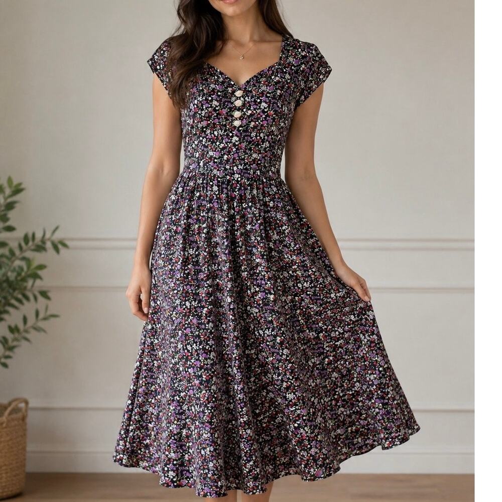 Vintage 90s Black Floral Midi Dress Rosette DetailSweetheart Neckline Romantic